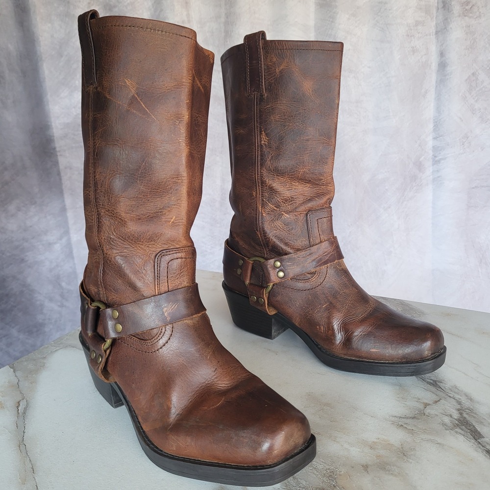 Classic Women's Genuine Leather Square Toe Harness Biker Boots Size 11 Brown